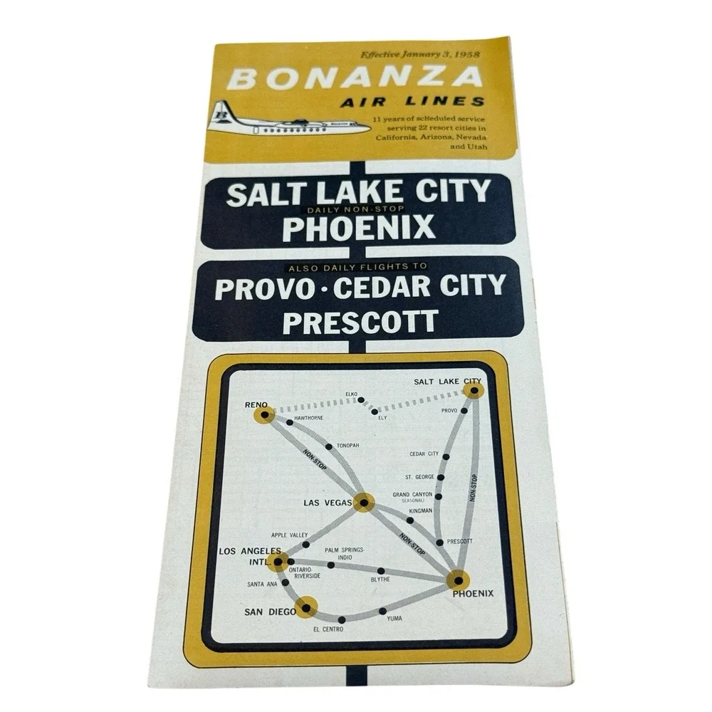 Vtg 1958 Bonanza Airlines System Timetable Salt Lake City Phoenix Reno Vegas